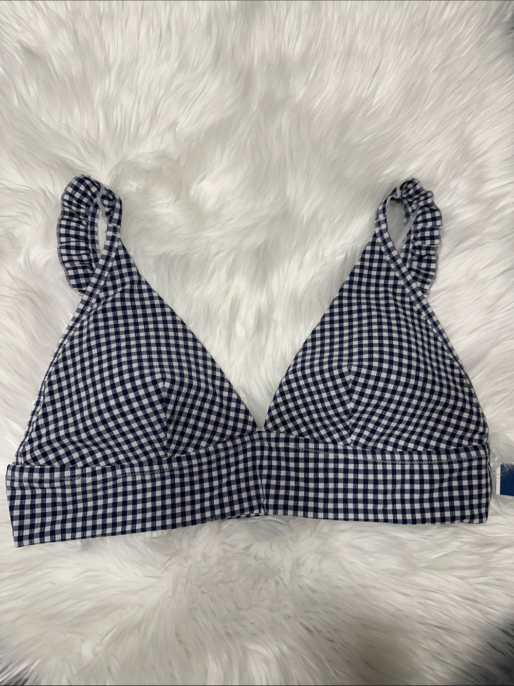 NWT aerie Navy & White Gingham Ruffle Strap Triangle Bikini top Sz XL